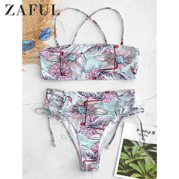 

ZAFUL High Cut Strapless Flamingo Print Bikini Set Women Brazilian Beach Swimsuit Female Swimwear Bathing Suit Biquinis