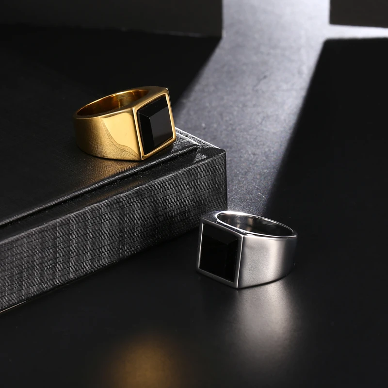US7 Stainless Steel Square Stone Ring Men Biker Punk Rock Finger Obsidian Natural Stone men rings Titanium Street Jewelry Gift