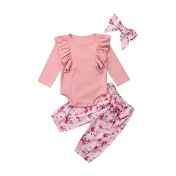 Комплект из 3 предметов для маленьких девочек; однотонные топы с длинными рукавами и оборками; футболка с высокой талией; штаны с цветочным