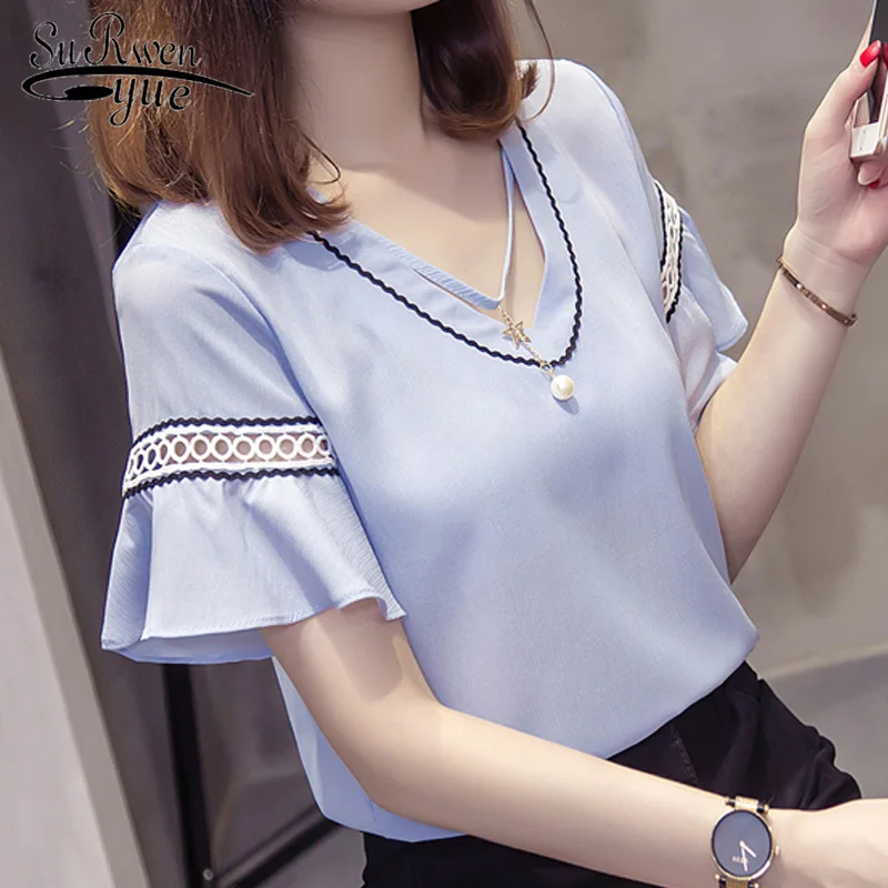

3XL 4XL 5XL plus size women tops summer blouse for women 2019 v collar chiffon women blouse short sleeve women shirts 4552 50