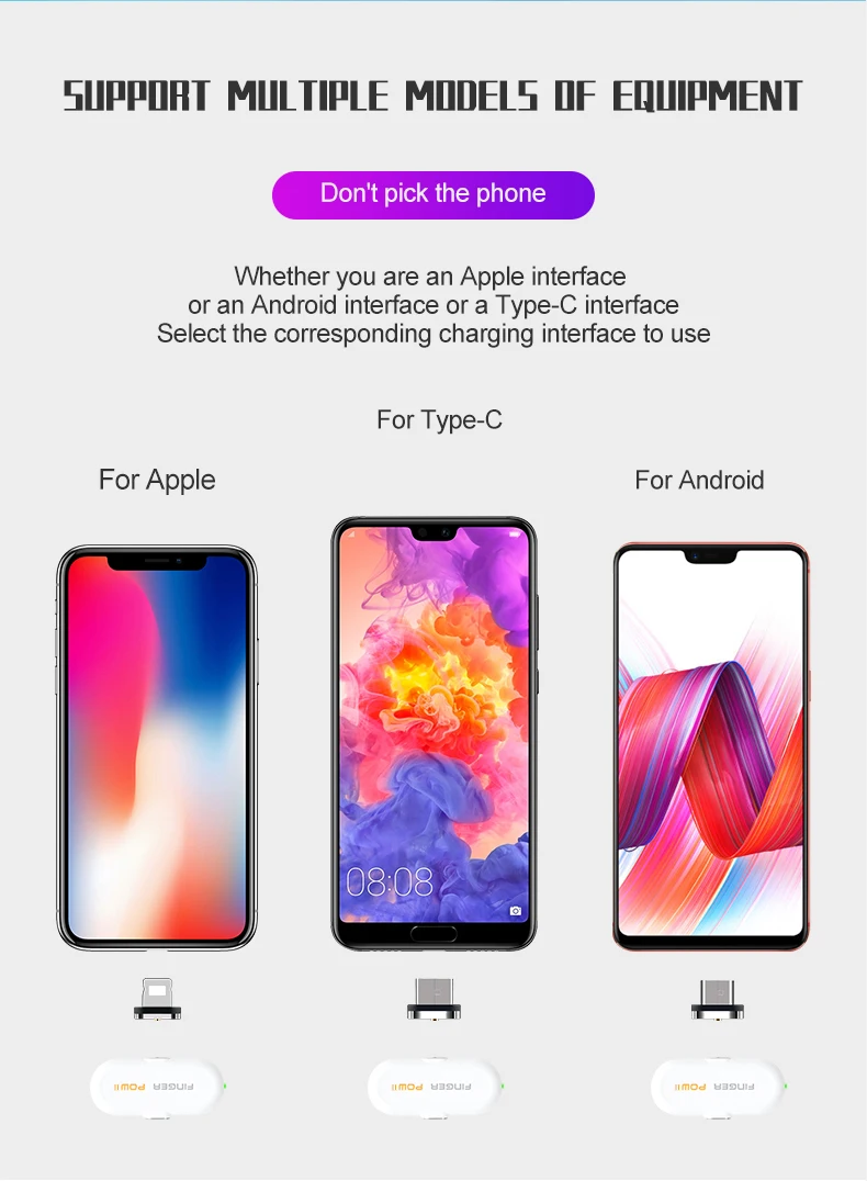Fingerpow портативное зарядное устройство 18650 батарея для android type c iphone Магнитный внешний аккумулятор USB Кабель powerbank