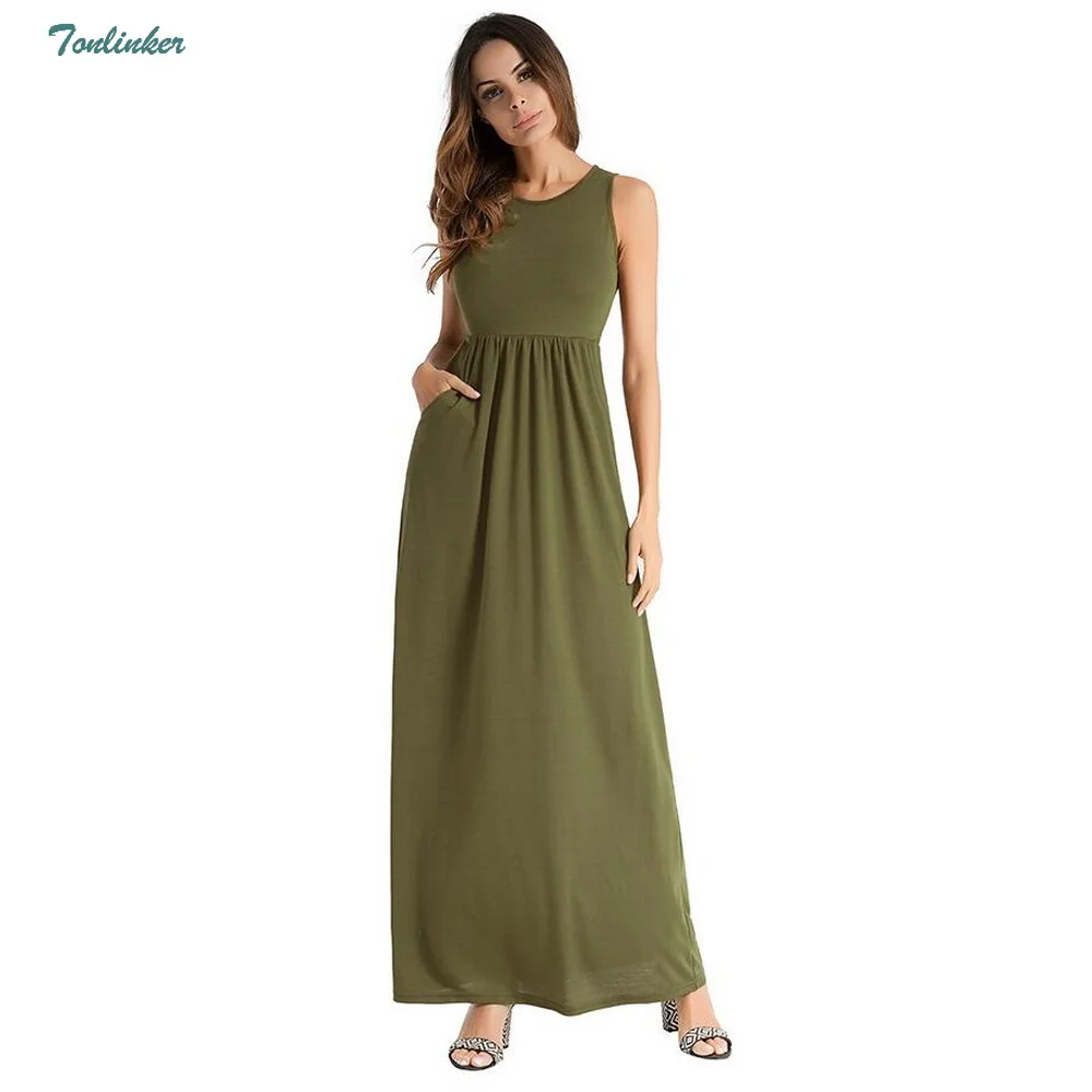 

Tonlinker 2018 Women Summer Long Dress Sleeveless Solid Pockets Maxi Dresses Elegant Casual Empire Party Vestidos Plus Size