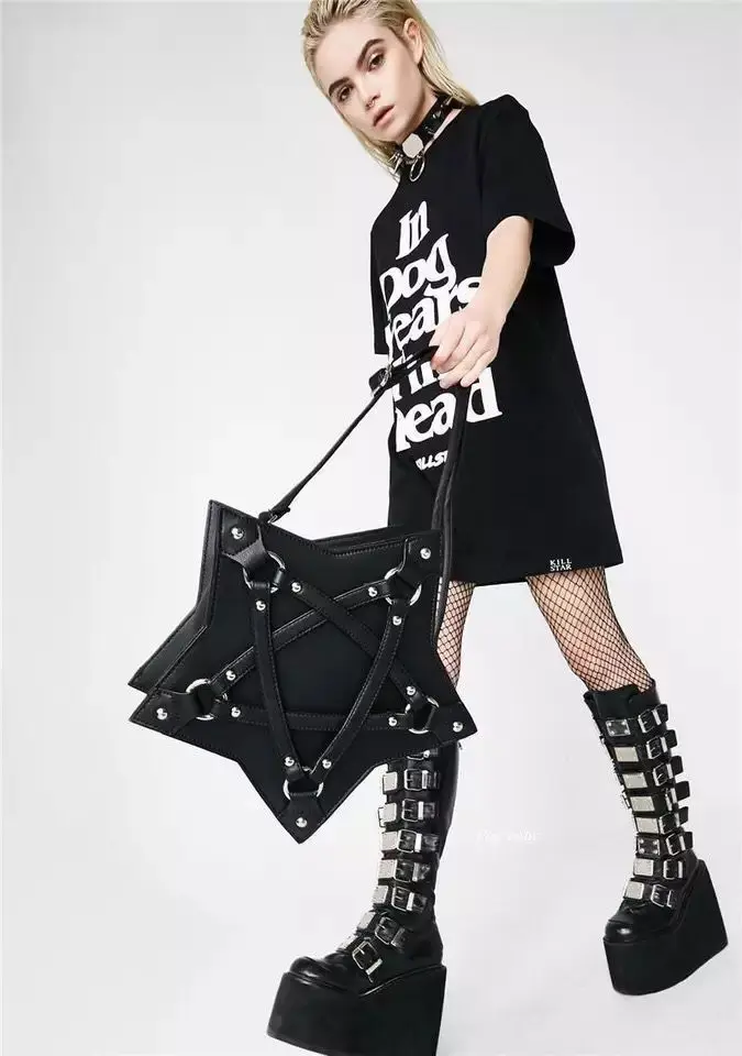 JIEROTYX Dark Gothic Pentagram Shoulder Bag Unisex Punk Designer Casual Totes Women Fashion Retro Handbag Gifts Black Leather