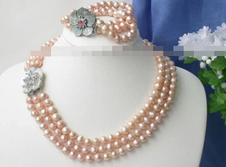 

07693 3strands Pink pearls Necklace Bracelet set Shell Ca (A0423)