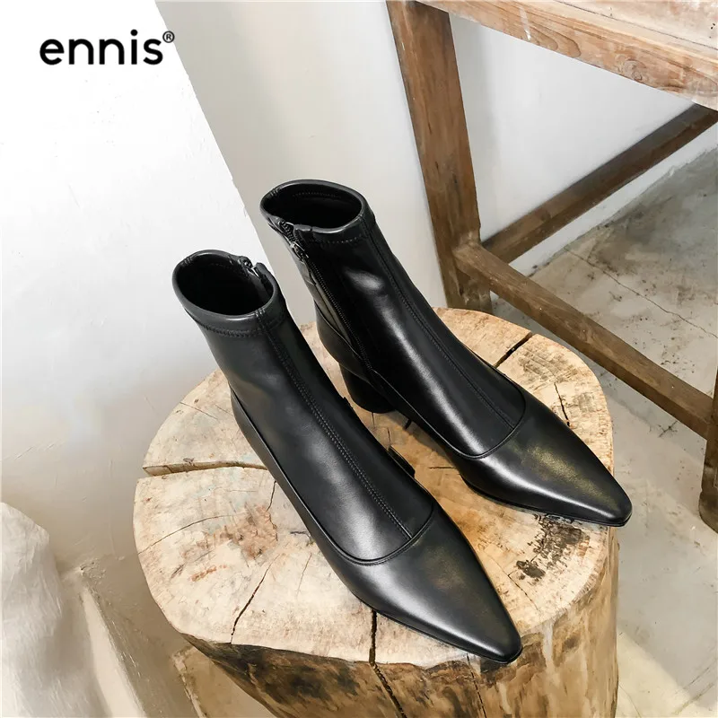 ENNIS Fashion Stretch Ankle Boots Women High Heel Boots Genuine Leather Boots Pointed Toe Shoes Autumn Winter Black A985