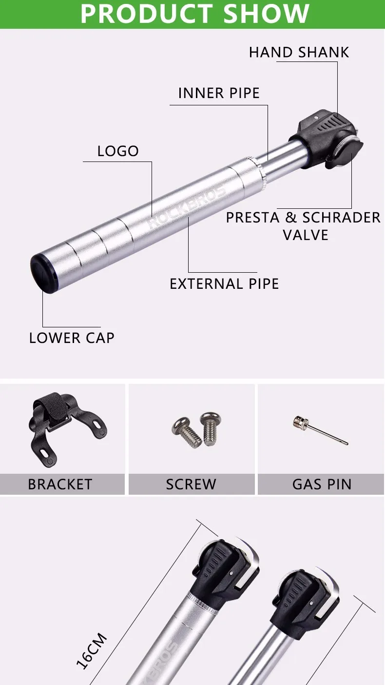 ROCKBROS, мини велосипедные насосы, портативные, для MTB велосипеда, алюминиевый сплав, велосипедный насос, подходит для Presta& Schrader, клапан, Аксессуары для велосипеда