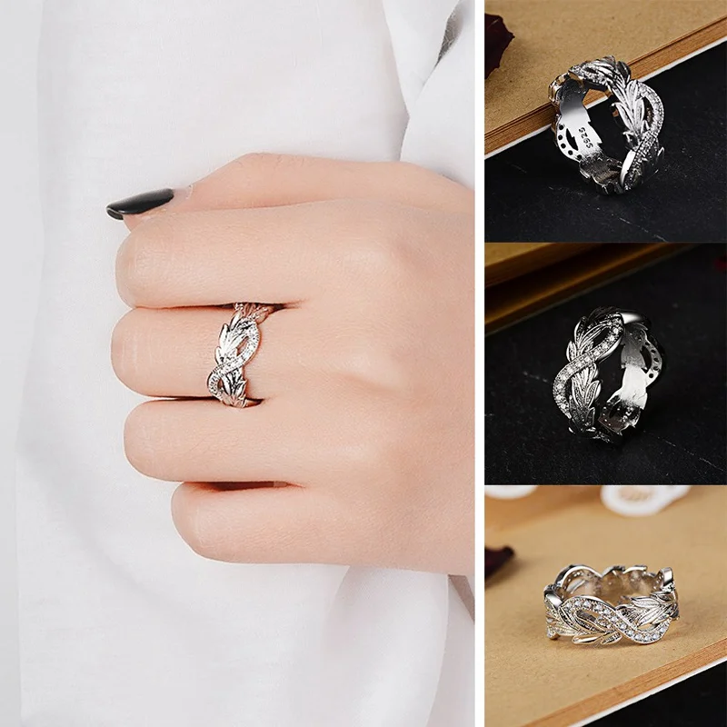 

Creative Flower Vine Leaves Shape Hollow Rings Micro Cubic Zirconic Ring Wheat Rice Ears Finger Hoop Lady Girl Bride Wedding