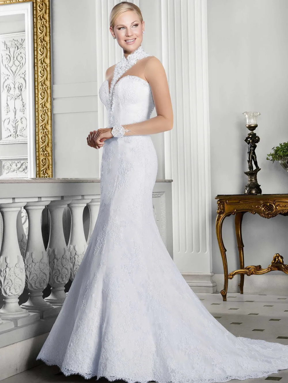 Vestido de Noiva Renda High Neck Sexy Mermaid Wedding Dresses Long Sleeves Lace Dress 2017 Bead Robe Mariage gelinlik | Свадьбы и