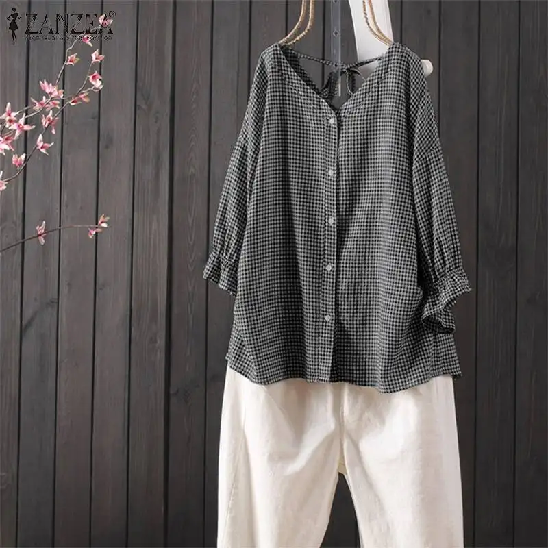 

2019 ZANZEA Women's Autumn Check Blouse Kaftan Casual Shirts Button Back Strap Ruffle Tops Female V Neck Blusas Oversized Tunic