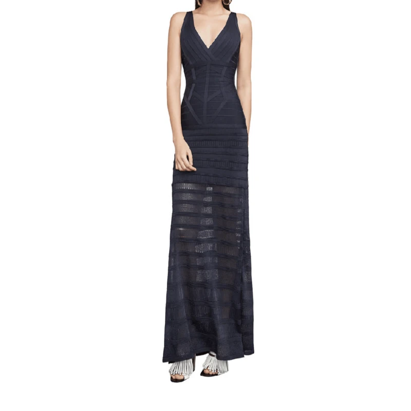 

Sexy Patchwork Women Bandage Dress Sleeveless Deep V Neck Maxi Dresses Celebrity Party Club Zipper A Line Bodycons Vestido HL