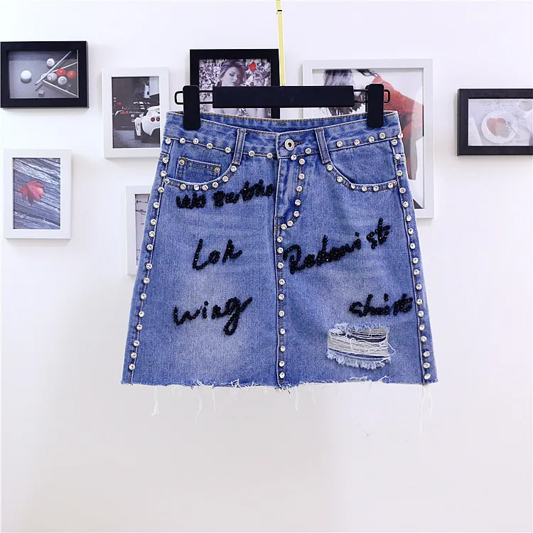 

Diamonds holes blue denim skirts women fashion letters plus size 2019 summer new arrivals