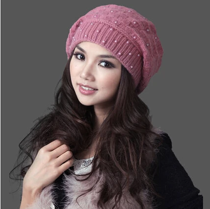 Осенняя и зимняя новая женская шапка, зимняя вязаная шапка для женщин, шапка из кроличьего меха, женская модная шапка Skullies - Цвет: Розовый