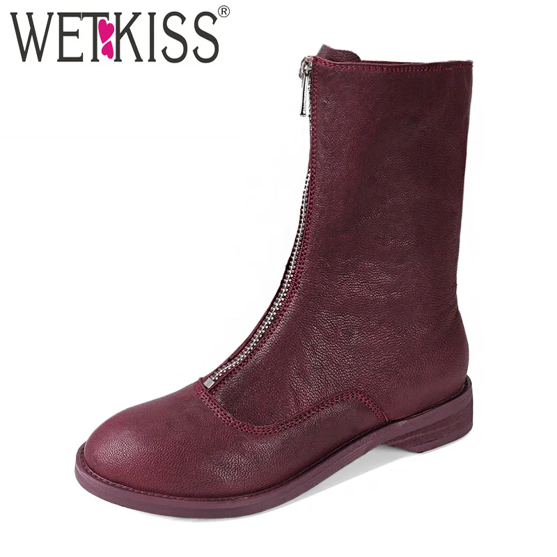 

WETKISS Genuine Leather Ankle Boots Round Toe Zip Footwear Low Square Heels Female Boots Motorcycle Shoes Woman Winter 2018