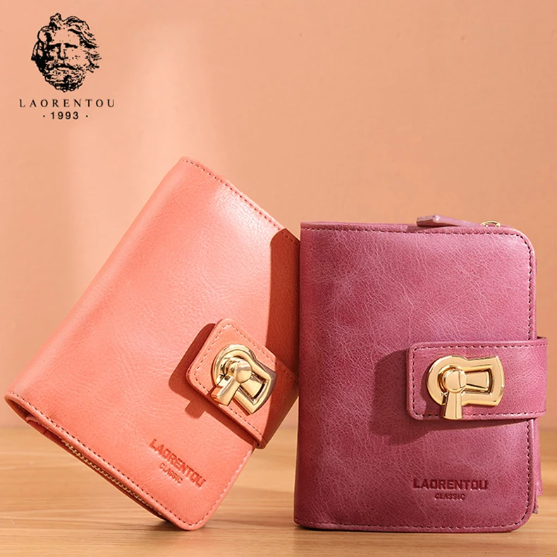 LAORENTOU Brand Women Standard Wallet Genuine Leather Wallets Fashion Short Zipper Purse Lady Coin Pocket Card Holder for Women