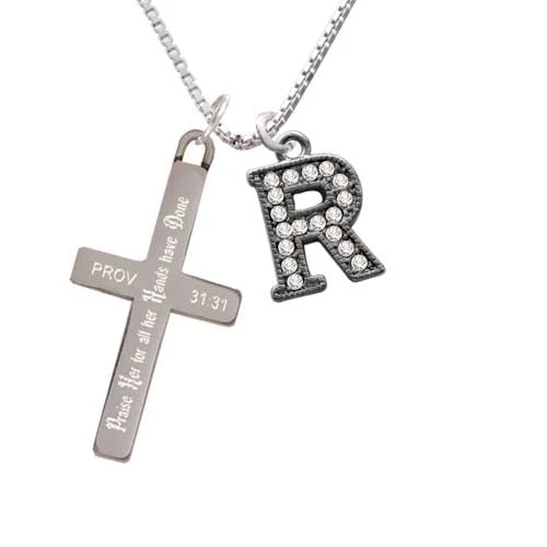 Crystal Black Initial - R - Beaded Border - - Praise Her - Cross Necklace (1)