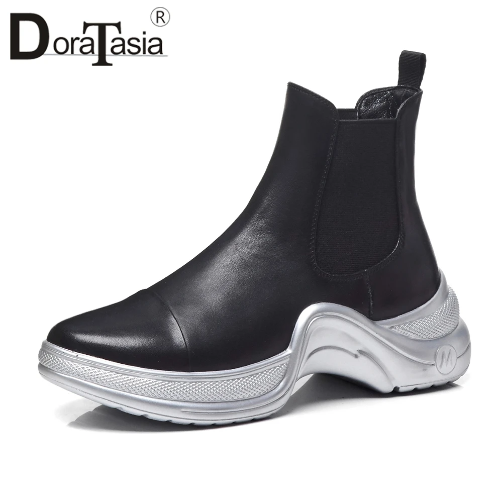 

DORATASIA 2019 Autumn Winter New Black Genuine Leather Ankle Boots Women slip-on Platform Shoes Woman Flat Casual Footwear
