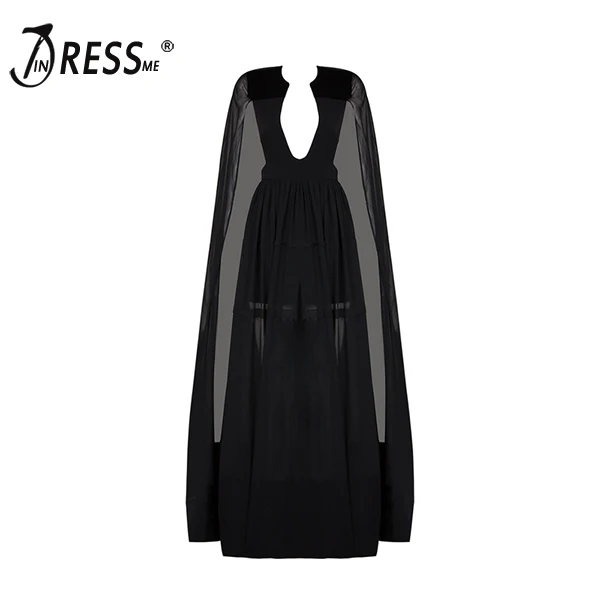 INDRESSME 2017 Spring Celebrity Runway Playsuit Black V-Neck Long Cape Batwing Sleeve Rompers Women Jumpsuit Sexy Bodysuits batwing sleeve button jumpsuit