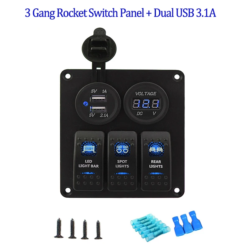 

3 Gang Rocker Switch Panel with Power Socket 3.1A Dual USB Wiring Kits and Decal Sticker Labels DC12V/24V for Marine Boat Car