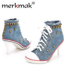 Merkmak New Vintage Rivet Pumps Women Ladies 2016 Lace-Up Canvas High Heels Girl Casual Denim Pumps Rivets Sexy Cool Punk Shoes