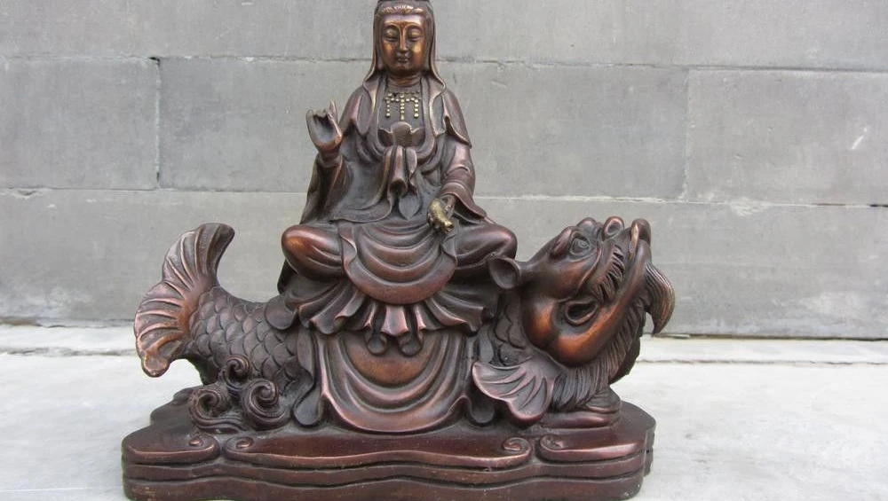 

Tibet Fane Brass Copper Ride Dragon Fish Guan Yin Kwan-yin Goddess Buddha Statue