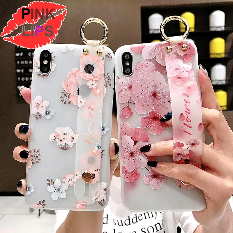 PINK LIPS Flower Case For iPhone X XR XS Max 3D Relief Floral For iPhone X 8 7 6 6S Plus 5 5s SE With Wristband Soft Phone cover  (9)