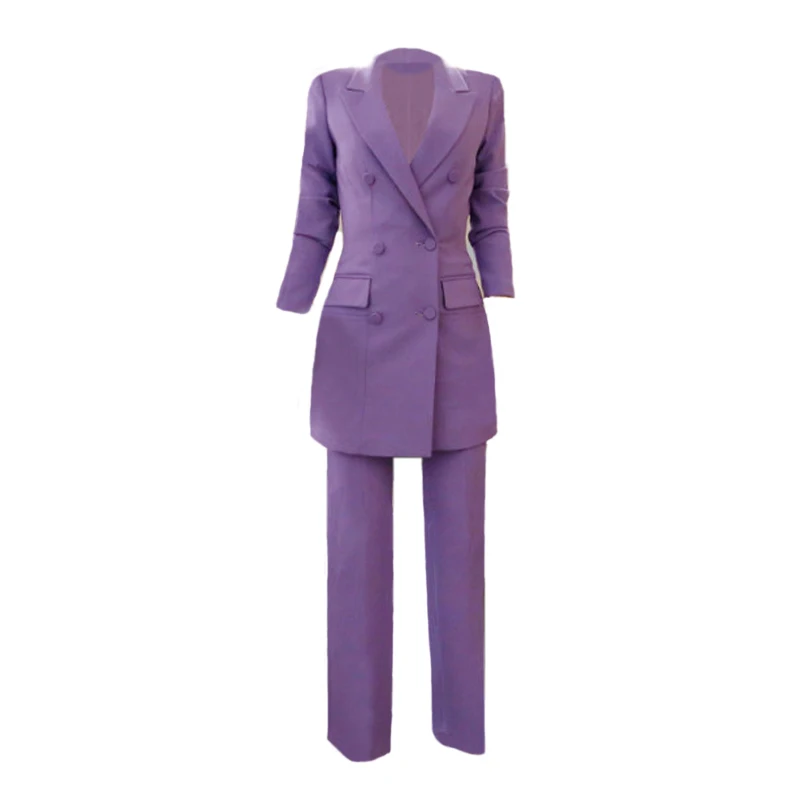 BGTEEVER, модный фиолетовый женский брючный костюм, двубортный, Длинный блейзер, пиджак и прямые брюки, для работы, бизнес, 2 предмета, набор