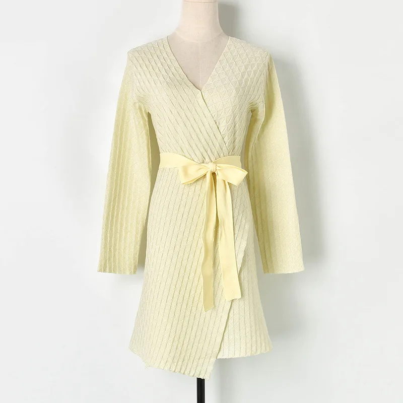 

Sexy V Neck Long Sleeve Wrap Dress 2019 Early Autumn Women Jumper Dress Rhombus Lattice Daily Outfit Mini Knitted Sashes Dress