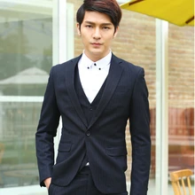 Лучший Новое поступление классическое Полосатое привлекательное, на одной пуговице, Разделение задняя Повседневное Для мужчин костюмы из трех предметов куртка+ штаны+ жилет, строгий костюм; для жениха костюмы