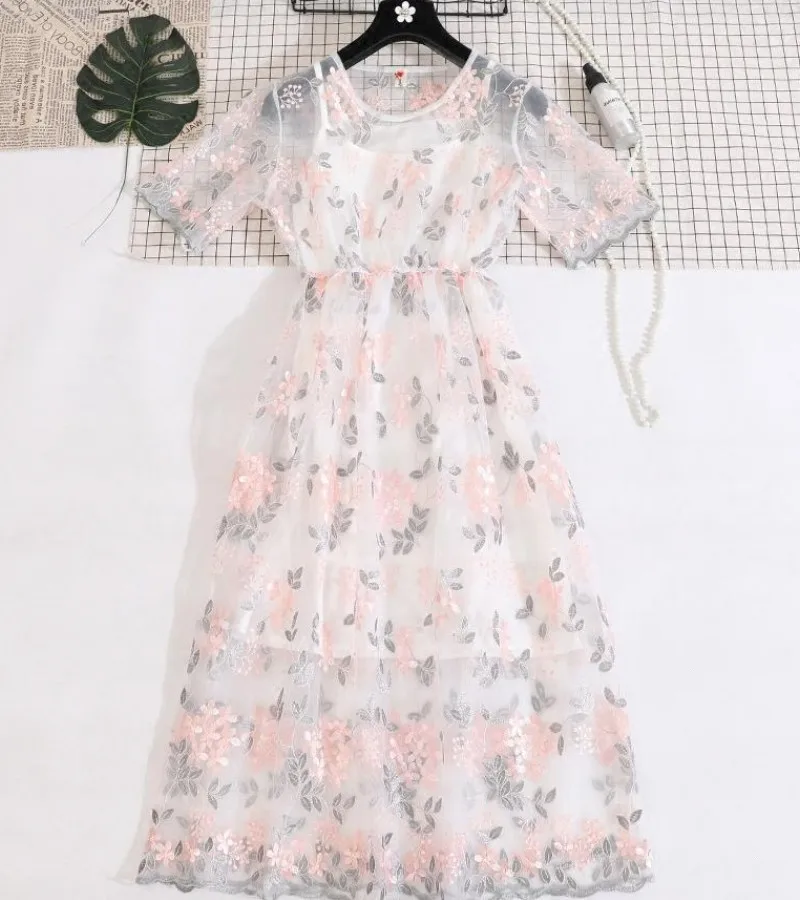 Young Gee элегантные подиумные платья с вышивкой для женщин с короткими рукавами из прозрачной сетки Вечерние винтажные богемные Брендовые платья - Цвет: Розовый