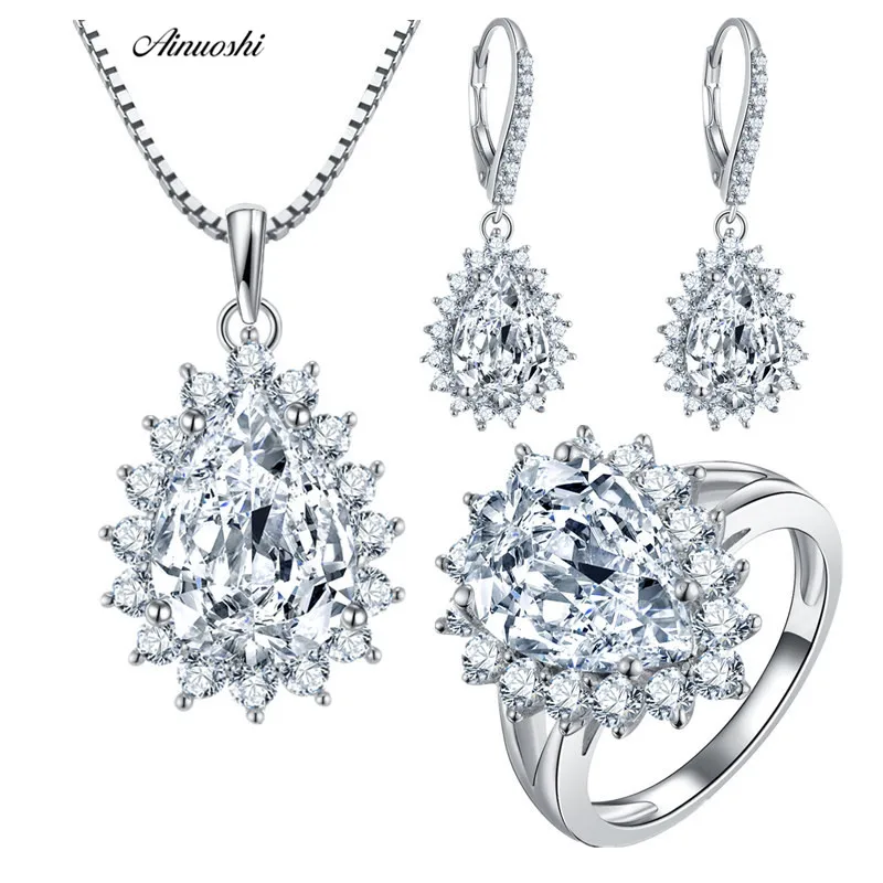 

AINOUSHI 925 Sterling Silver Pear Cut Ring Earring Pendant Necklace Jewelry Sets Genuine Sona nscd Women Gift Lovely Party Gifts
