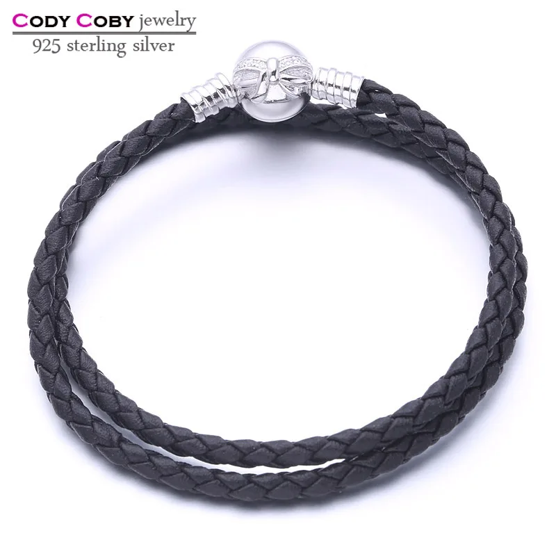 Black Leather Snake Chain Charm Bracelet With 925 Sterling Silver Knot