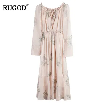 

RUGOD Floral print women dress chiffon elegant long sleeves loose pleated o neck vintage casual sweet modis femme vestido verano