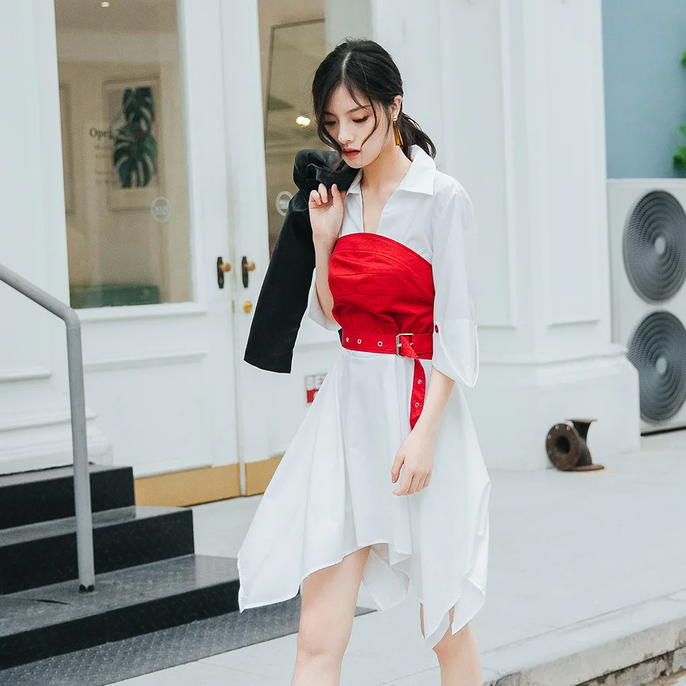 

TVVOVVIN 2019 New Turn-down Collar Irregular Hem Sashes Woman sexy bandage vintage white casual korean Dress dresses H815