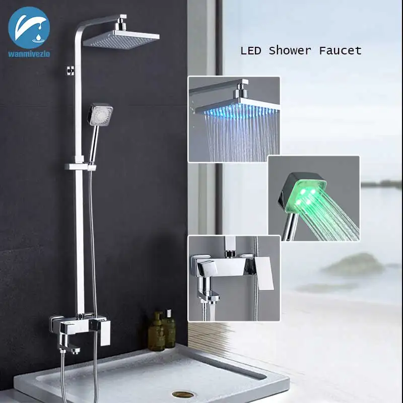 

Chrome LED Light Shower Faucets Set Wall Mount 8" Shower Head Dual Handles Mixer Tap LED Handshower Tap Rotate Bathtub Tap