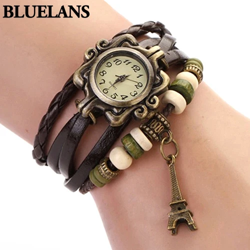 Новые красивые женские винтажные кварцевые наручные часы с Эйфелевой башней и кожаным браслетом 1GOR 6T45 C2K5W - Цвет: Coffee