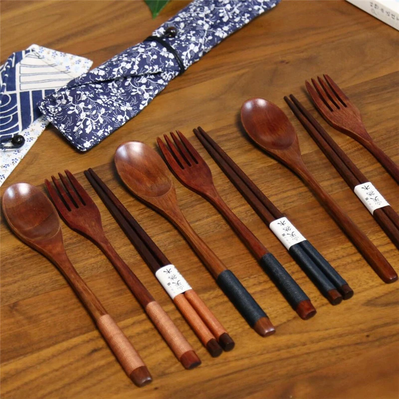 Portable Wood Cutlery Set Environmental Flatware Set Fork Spoon