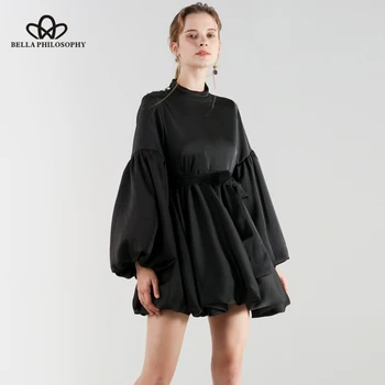 

Bella philosophy retro Puff sleeves waist tie silky dress double satin skater party dress vintage dress vestidos