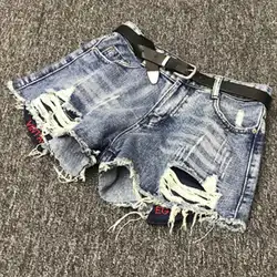 Джинсовые шорты для женщин Лето 2019 Новая мода Высокая талия Свободные утечки карман нерегулярные отверстие черный широкие джинсы