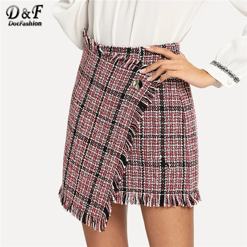 

Dotfashion Fringe Button Asymmetric Wrap Frayed Tweed Women Skirt Elegant Summer Autumn A Line Above Knee Short Going Out Skirt