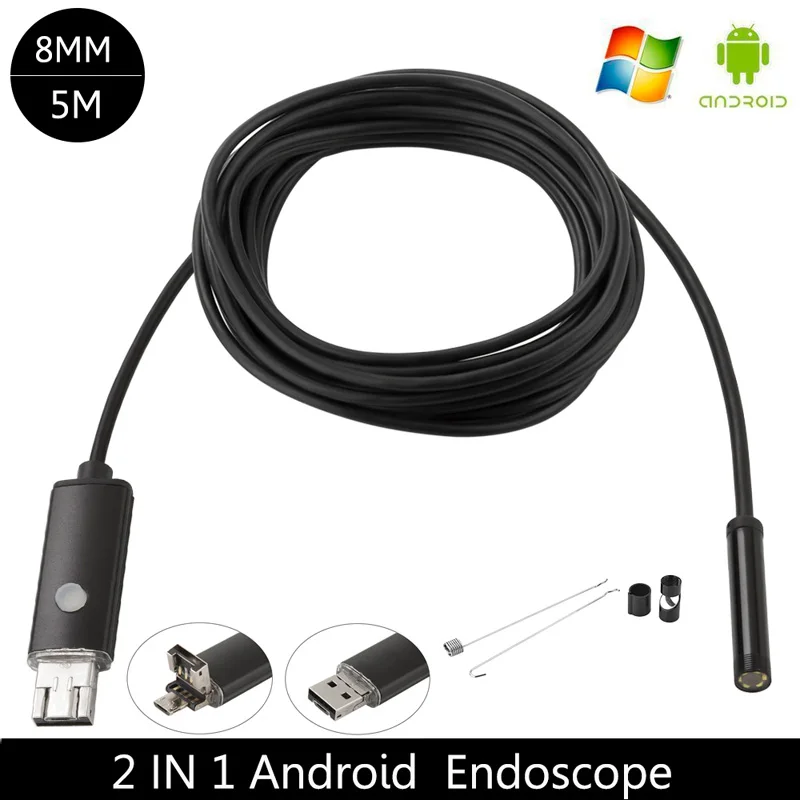 

HD 2MP 6LED 8.0mm Len 1M 2M 2IN1 Android USB Mini Endoscope IP67 Waterproof Inspection Borescope Tube Camera OTG Android Phone