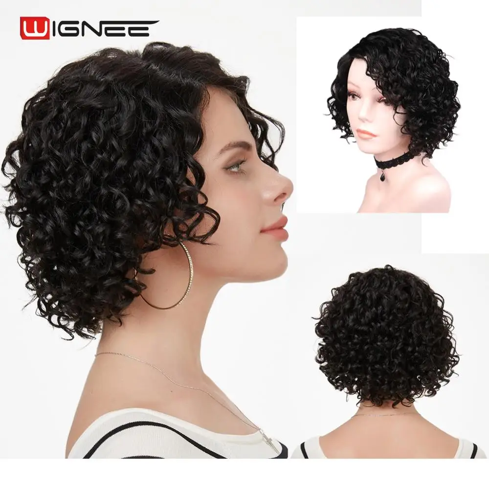 Wignee, Короткие афро кудрявые человеческие волосы, парики для женщин, 150%, высокая плотность, натуральный черный, без клея, кружевные части, парики из человеческих волос