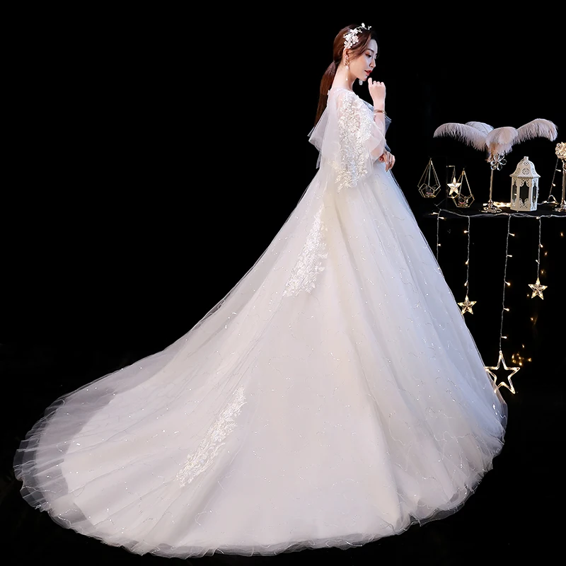 US $42.57 Wedding Dress 2021 Mrs Win The Elelgnat Court Train Batwing Sleeve Wedding Dresses Plus Size Lace Wedding Gowns F