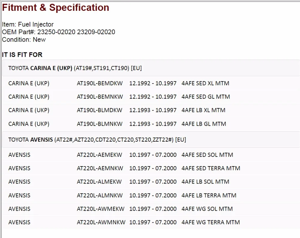 4 шт./лот Топливная форсунка 23250-02020 2325002020 для Toyota Carina 92-97 AT190 Avensis 97-00 AT220 4AFE