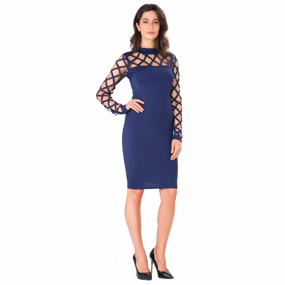 2019 Spring Dress Women Long Sleeve Blue Dress Sexy Hollow Out Slim
