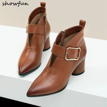 

Plus size 42 women's genuine leather thick high heel ankle boots big metal buckle autumn short booties pointed toe comfort shoes