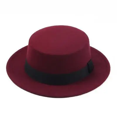 Брендовая новая шерстяная шляпа с плоским верхом для женщин, фетровая шляпа с широкими полями, фетровая шляпа, женская шляпа - Цвет: wine red