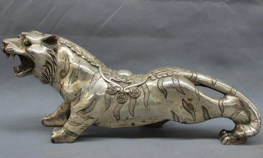 

S2485 14" Chinese Silver Folk Year Zodiac Animals FengShui Wealth Fu Coin iger Statue D0318