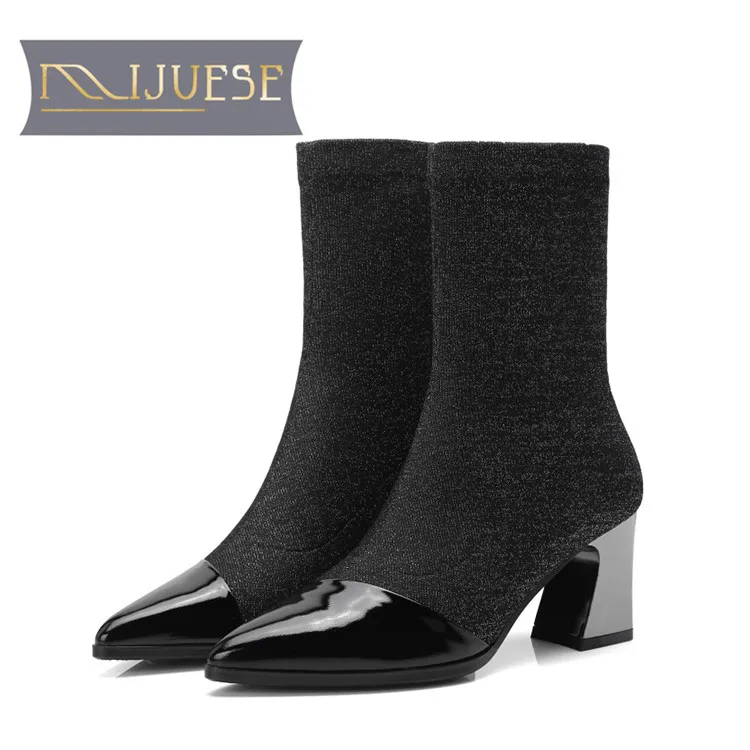 

MLJUESE 2019 women Mid calf boots cow leather stretch fabric pointed toe high heels women martin boots casual boots 34-42