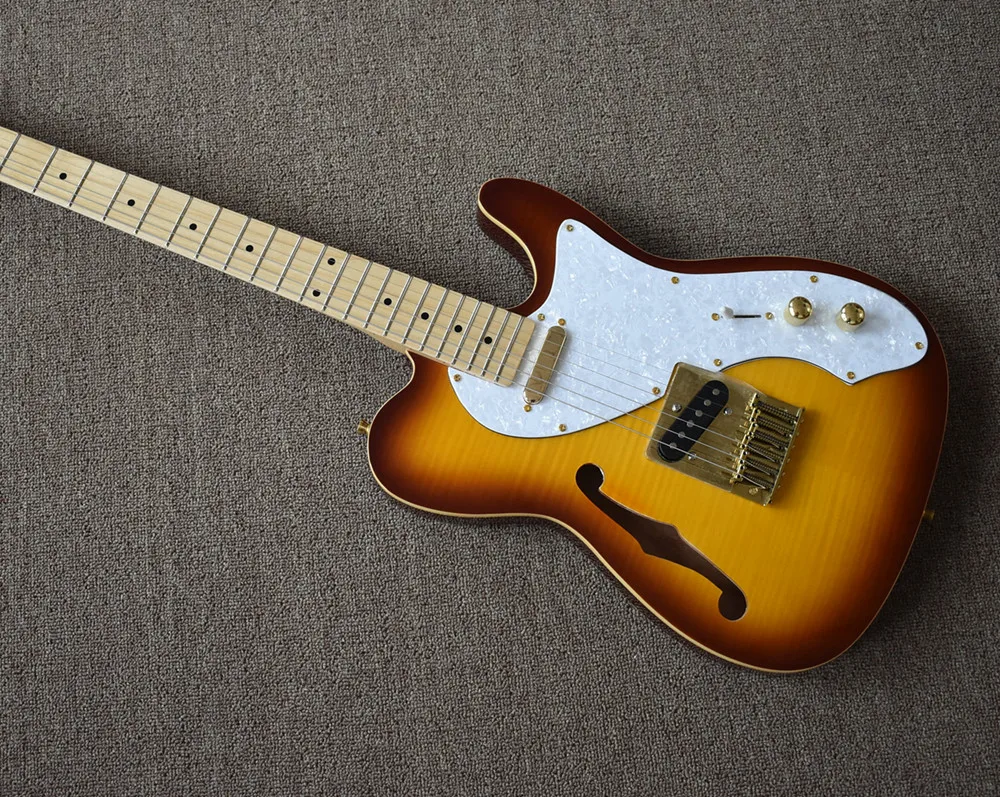 

Semi-hollow Electric Guitar with White Pearl Pickguard,Gold Hardwares,Flame Maple Veneer,offering customized services