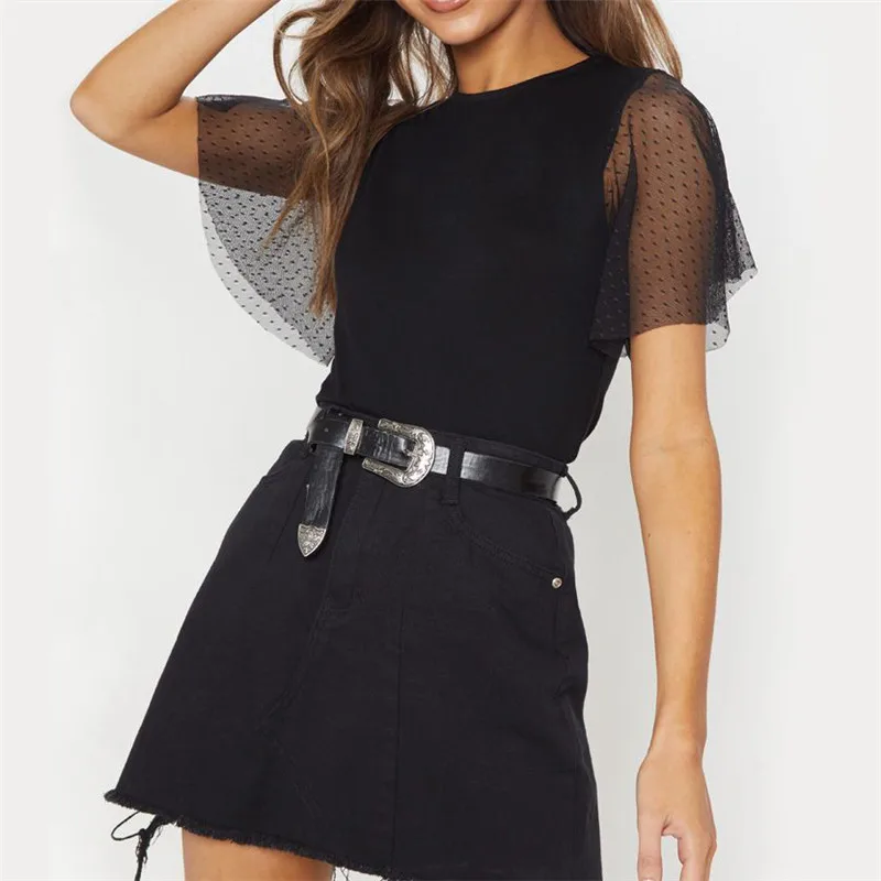 

2019 Womens Tops and Blouses Summer Casual Patchwork Ruffle Short Sleeve Tops Pure Ladies Lace Blouses Female Solid Shirt
